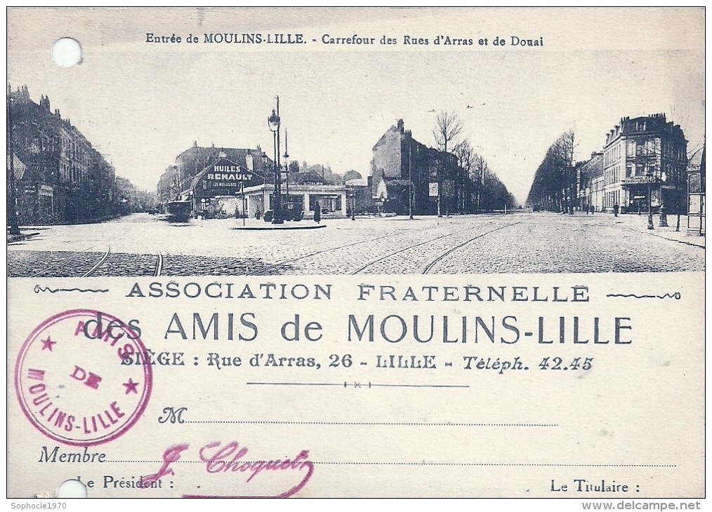 NORD PAS DE CALAIS - 59 - NORD -LILLE - Amis Des Moulins - Carrefour Des Rues Arras Et DDouai - Carte De Membre  - Trou - Sin Clasificación