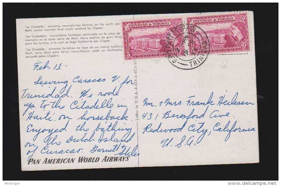 Trinidad 1955 Picture Postcard To USA PANAM Card - Trinidad & Tobago (...-1961)