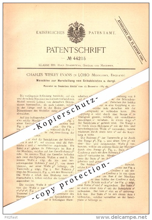 Original Patent - Charles Wesley Evans In Loho , Millesex , England , 1887 , Machine For Shoe Lasts !!! - Middlesex