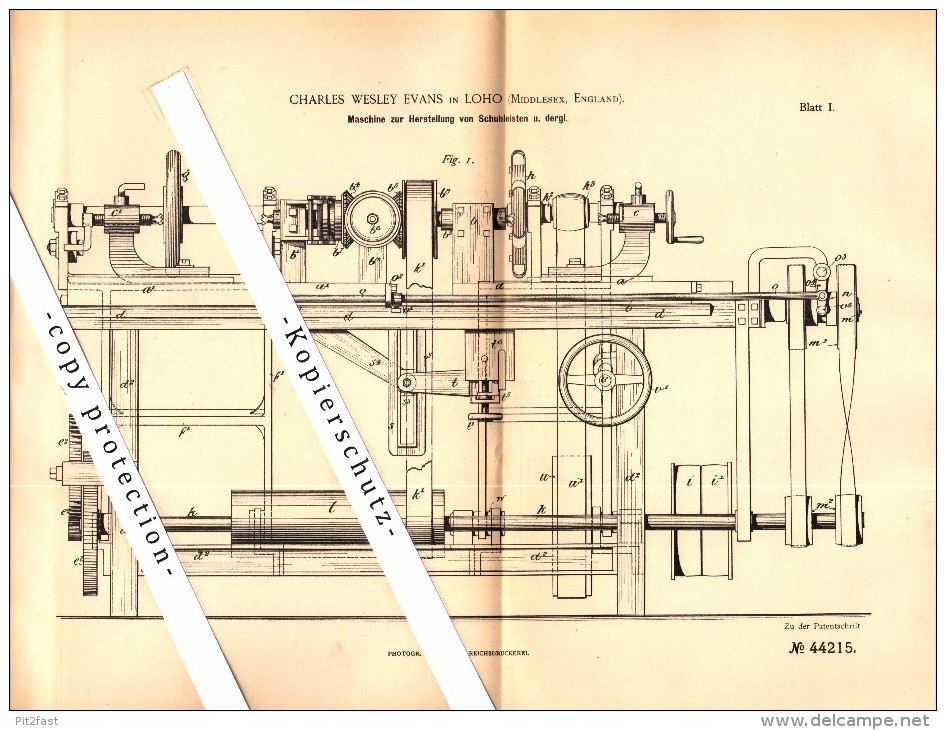 Original Patent - Charles Wesley Evans In Loho , Millesex , England , 1887 , Machine For Shoe Lasts !!! - Middlesex