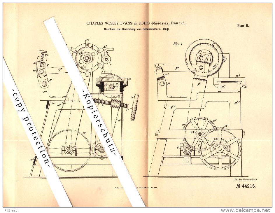 Original Patent - Charles Wesley Evans In Loho , Millesex , England , 1887 , Machine For Shoe Lasts !!! - Middlesex