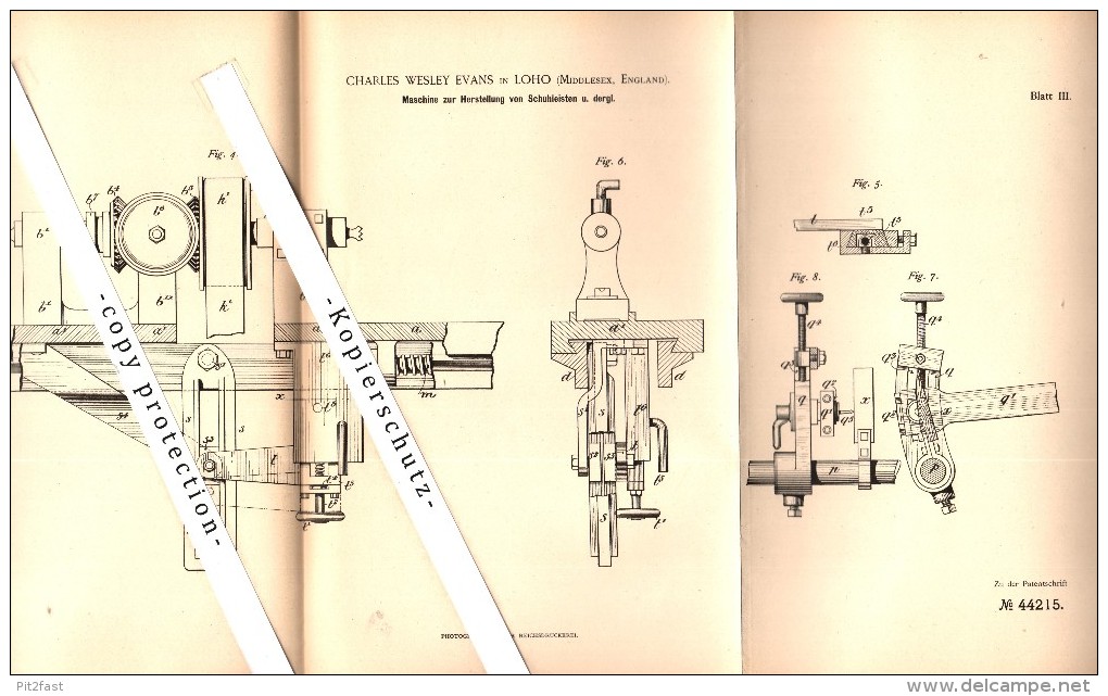 Original Patent - Charles Wesley Evans In Loho , Millesex , England , 1887 , Machine For Shoe Lasts !!! - Middlesex