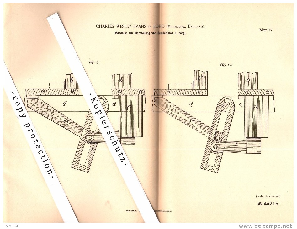 Original Patent - Charles Wesley Evans In Loho , Millesex , England , 1887 , Machine For Shoe Lasts !!! - Middlesex