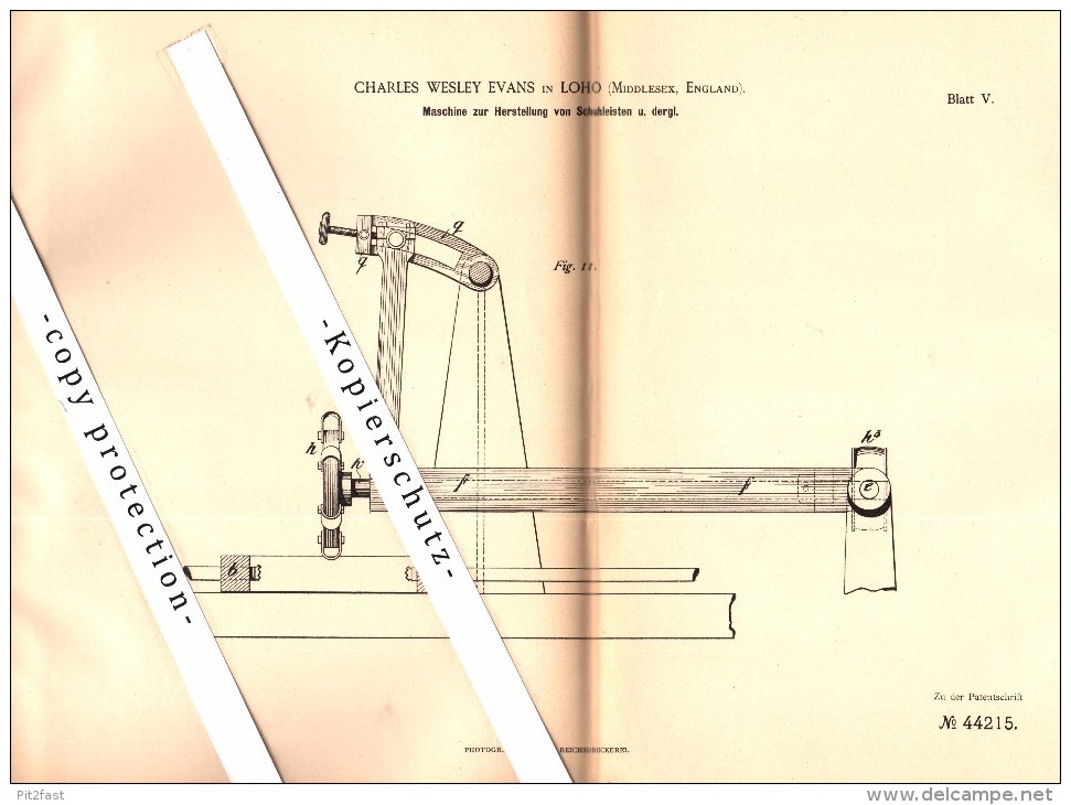 Original Patent - Charles Wesley Evans in Loho , Millesex , England , 1887 , Machine for shoe lasts !!!