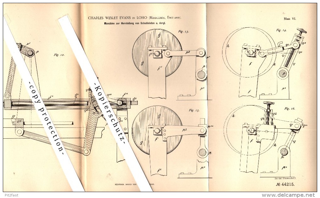 Original Patent - Charles Wesley Evans in Loho , Millesex , England , 1887 , Machine for shoe lasts !!!