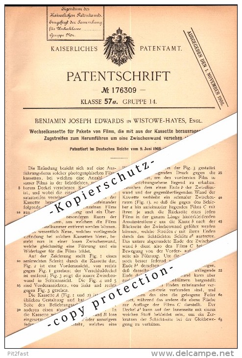 Original Patent -Benjamin J. Edwards In Wistowe-Hayes , England ,1905, Interchangeable Cassette For Photo Films , London - Middlesex