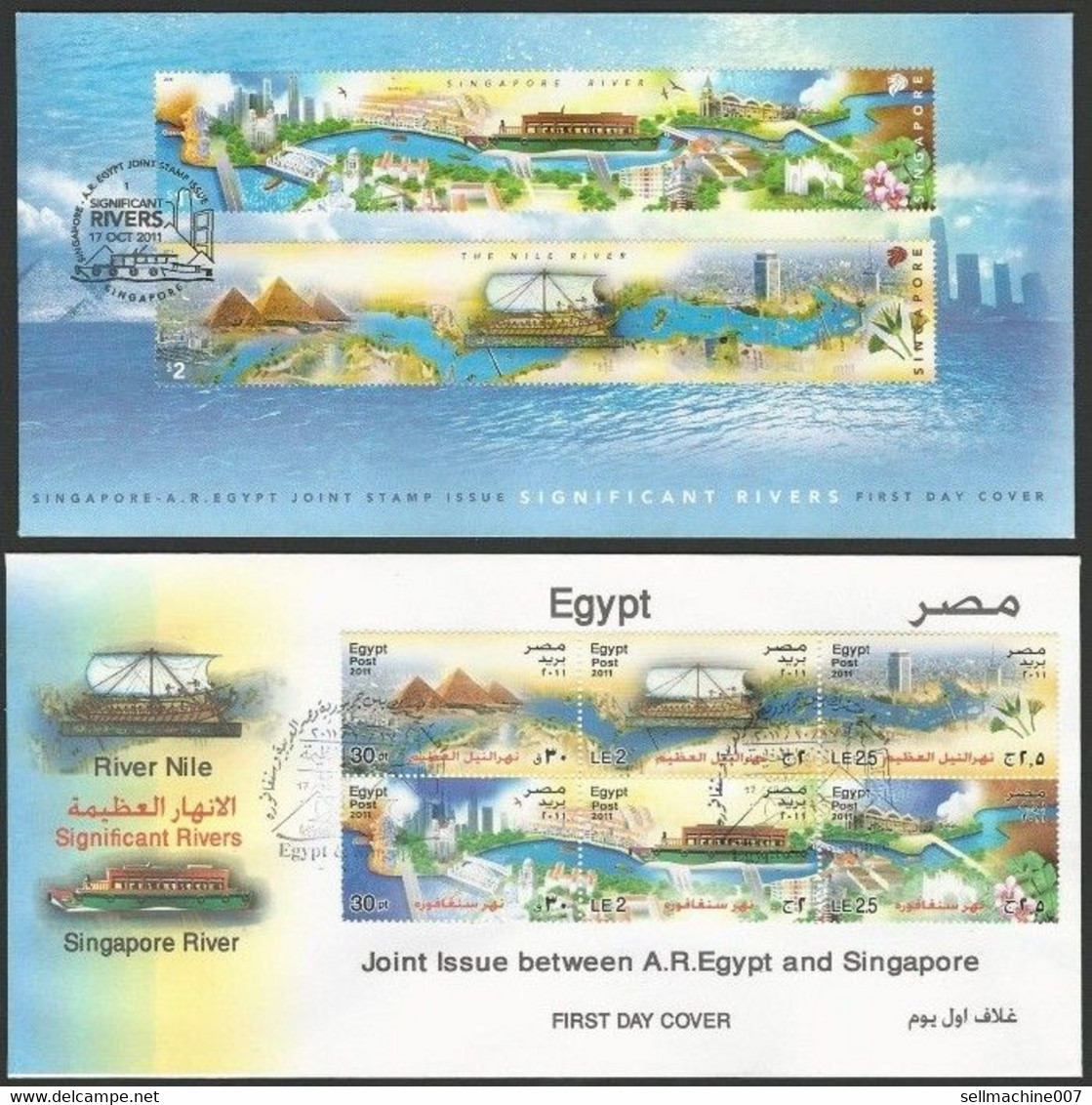 Egypt 2011 TWO FIRST DAY COVER  FDC GREAT RIVERS - Joint Issue BETWEEN Egypt & Singapore-River NILE & SINGAPORE RIVER - Covers & Documents