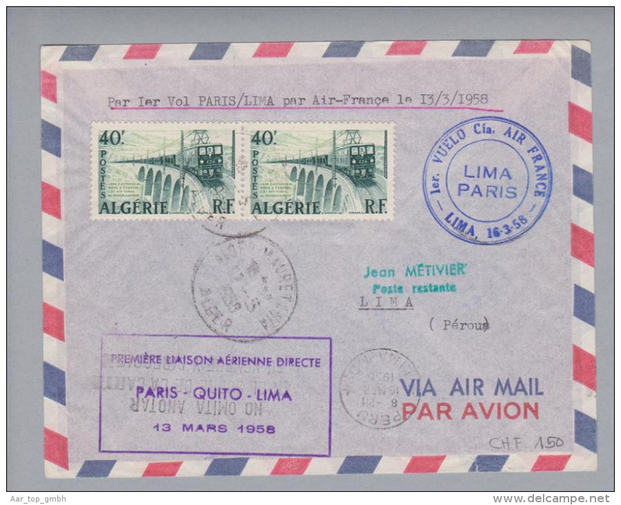 Algerien 1956-03-13 Erstflug Air France Paris-Lima Auflieferung Algerien Selten - Airmail