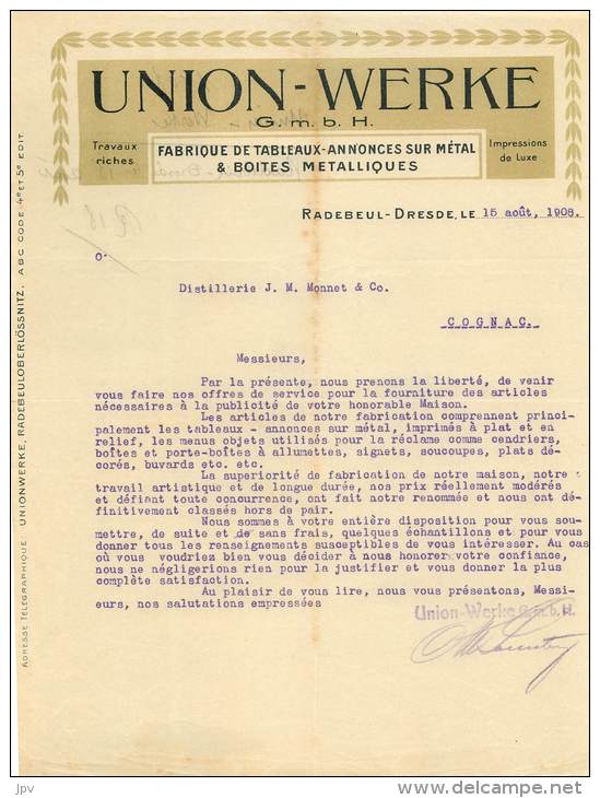 FACTURE LETTRE : RADEBEUL DRESDE . UNION WERKE . FABRIQUE DE TABLEAUX ANNONCES SUR METAL . 1908 . - Sonstige & Ohne Zuordnung