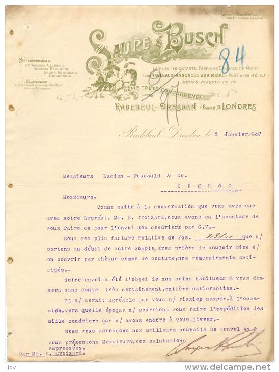 FACTURE LETTRE : RADEBEUL DRESDEN . SAUPE BUSCH . 1907 . - Autres & Non Classés