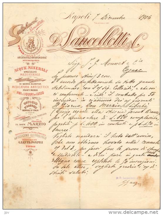 FACTURE LETTRE : NAPOLI . D. LANCELLOTTI AND CO . ACQUE MINERALI . 1904 . - Italie