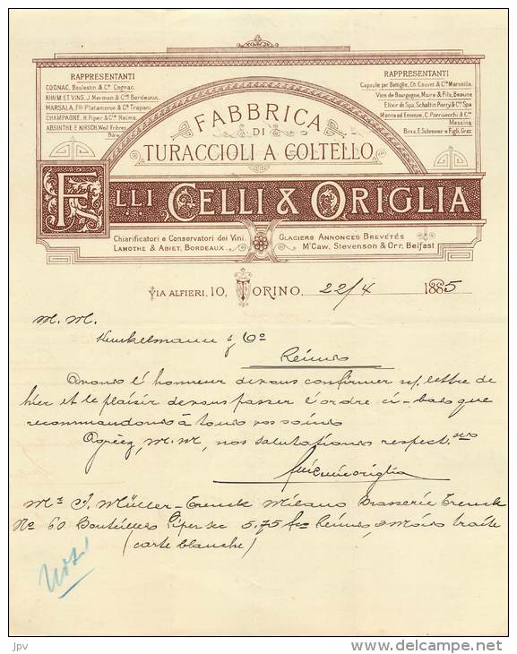 FACTURE LETTRE : TORINO . FAMILLI CELLI AND ORIGLIA . FABRICA TURACCIOLI A COLTELLO . 1885 . - Italie