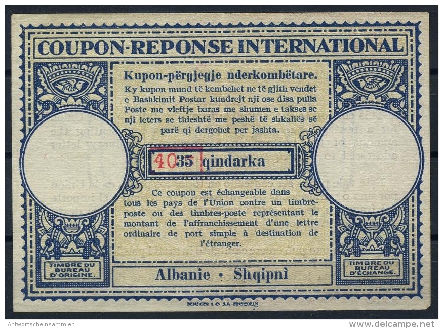 ALBANIE Very Scarce Early International Reply Coupon Reponse Antwortschein IAS IRC London Type XI 40 / 35 Qindarka Mint - Albania