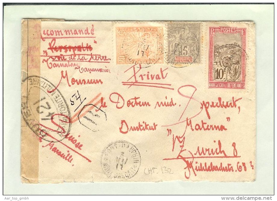 Afrika Madagaskar 1917-05-03 Zensur-R-Brief In Die Schweiz - Covers & Documents