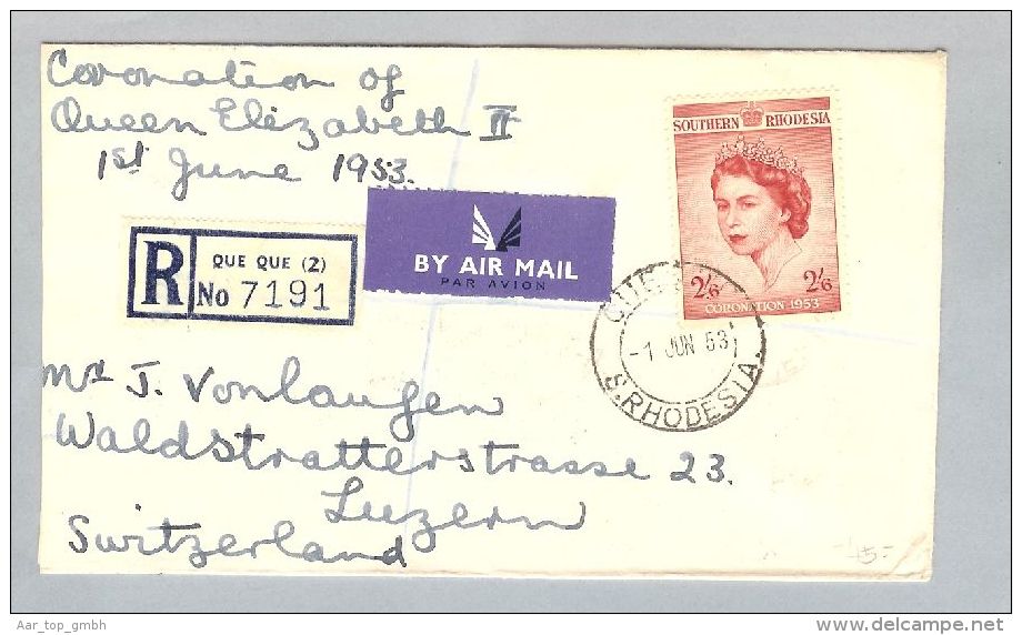 Rhodesien 1953-06-01 R-Luftpostbrief 2/6 Sk.Einzelfr. - Southern Rhodesia (...-1964)