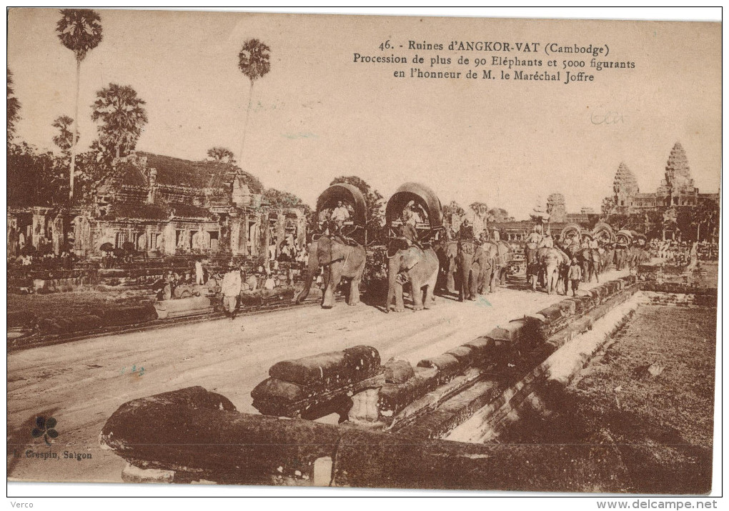 Carte Postale Ancienne De CAMBODGE - ANGKOR-VATH - PROCESSION EN L'HONNEUR DU MARECHAL JOFFRE - Cambodja