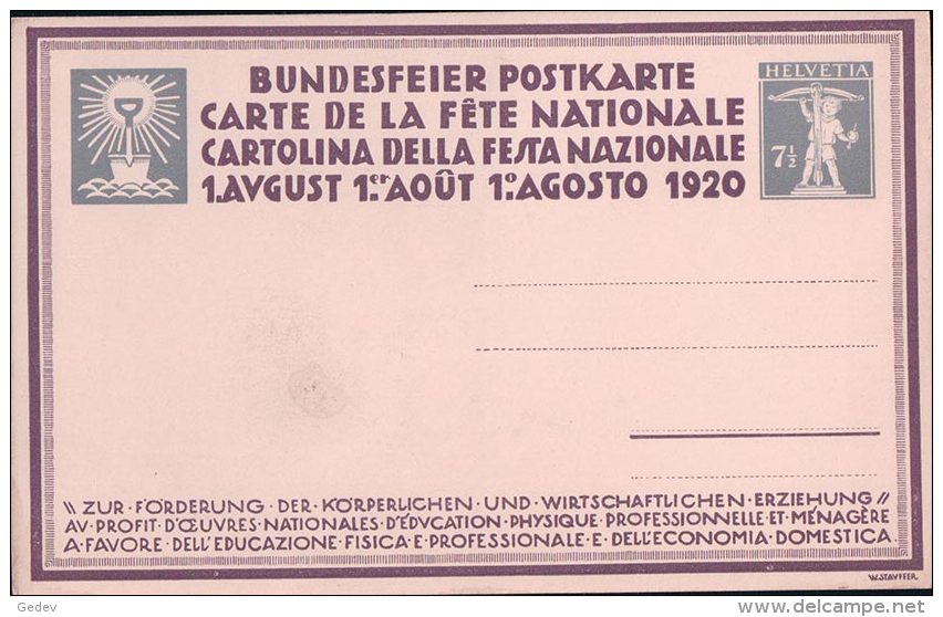 Carte Fête Nationale Suisse 1920, Entier Postal, Le Labours G. Jeanneret (9001) - Autres & Non Classés