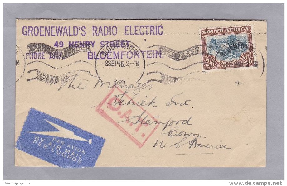 Süd Afrika 1945-08-08 Bloenfontein O.A.T. Luftpost Brief Stanford USA - Unclassified