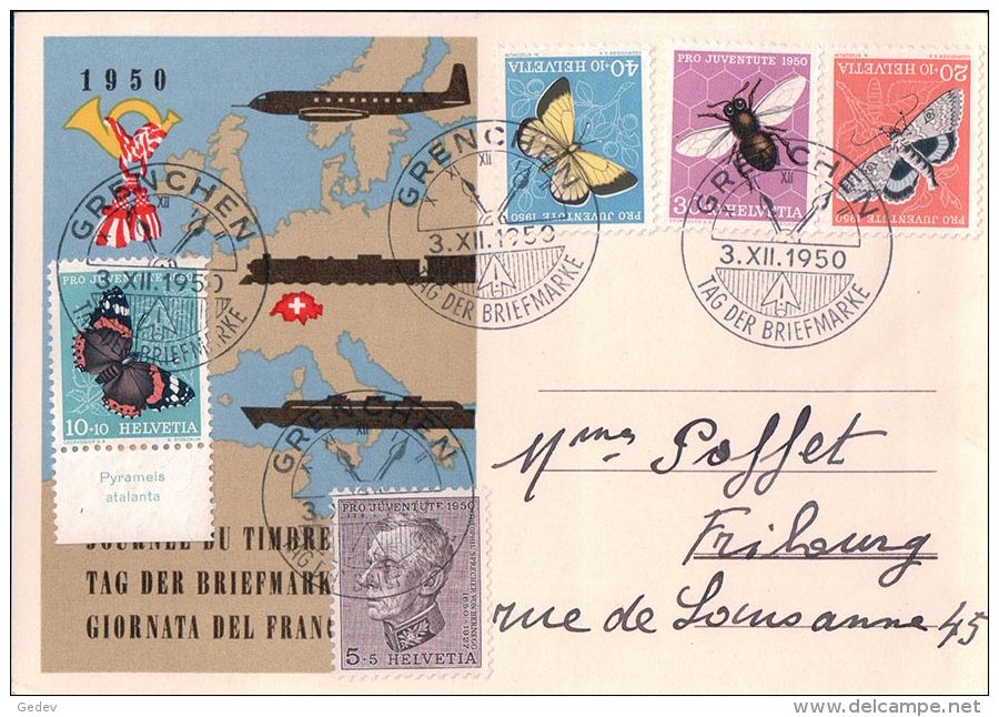 Carte Journée Du Timbre Grenchenn 1950, Série Pro Juventute 1950 - Storia Postale