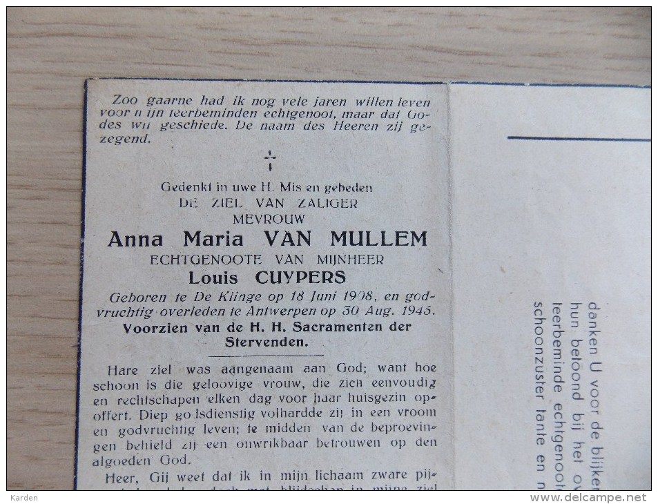 Doodsprentje Anna Maria Van Mullem De Klinge 18/6/1908 Antwerpen 30/8/1945 ( Louis Cuypers ) - Religion & Esotericism