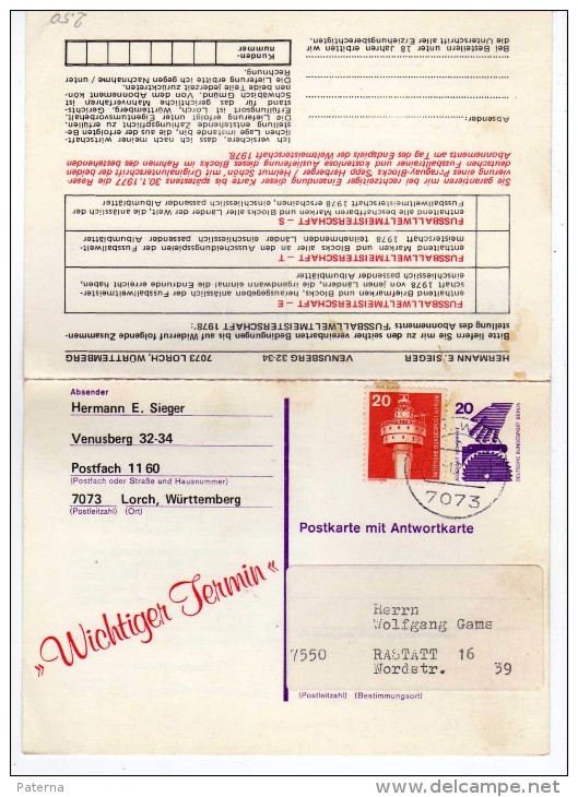 2757  Entero Postal Privado  Doble , Hermann Sieger ,Lorch Wurttemberg  Alemania 1977 - Privatpostkarten - Gebraucht