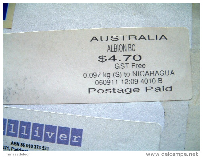 Australia 2011 Cover To Nicaragua - Machine Franking - Custom Declaration CN22 - Brieven En Documenten