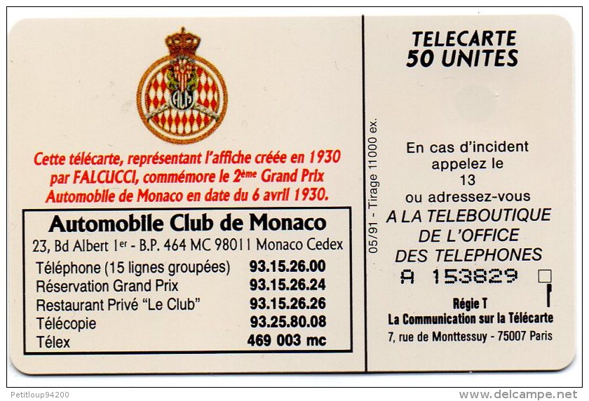 TELECARTE MONACO 50U  Automobile Club  Monaco-2e GP  13 - Monaco