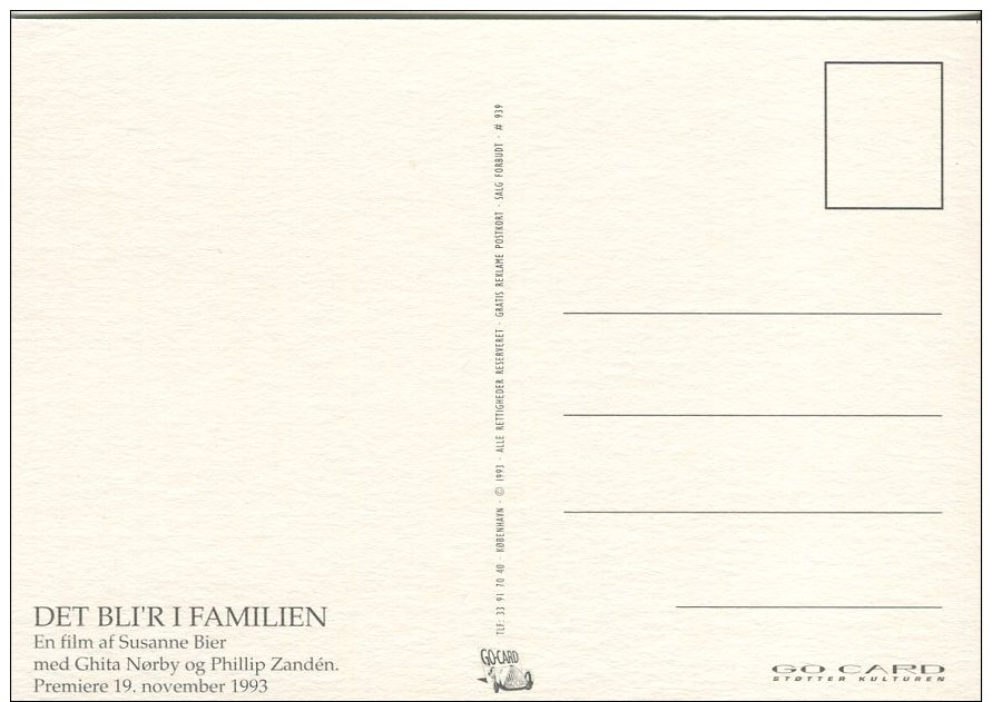 Go-Card Advertising Postcard, Det Bli'r I Familien (Susanne Bier Film) Ghita Norby, Philip Zanden, Danish Premiere, 939 - Posters On Cards