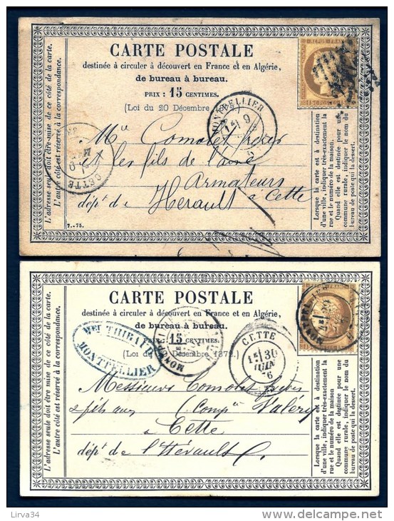 2 CARTES PRECURSEUR FRANCE- MONTPELLIER A CETTE- CERES N° 55 AVEC OBLIT LOSANGE ET CAD- 1876-  3 SCANS - 1849-1876: Période Classique