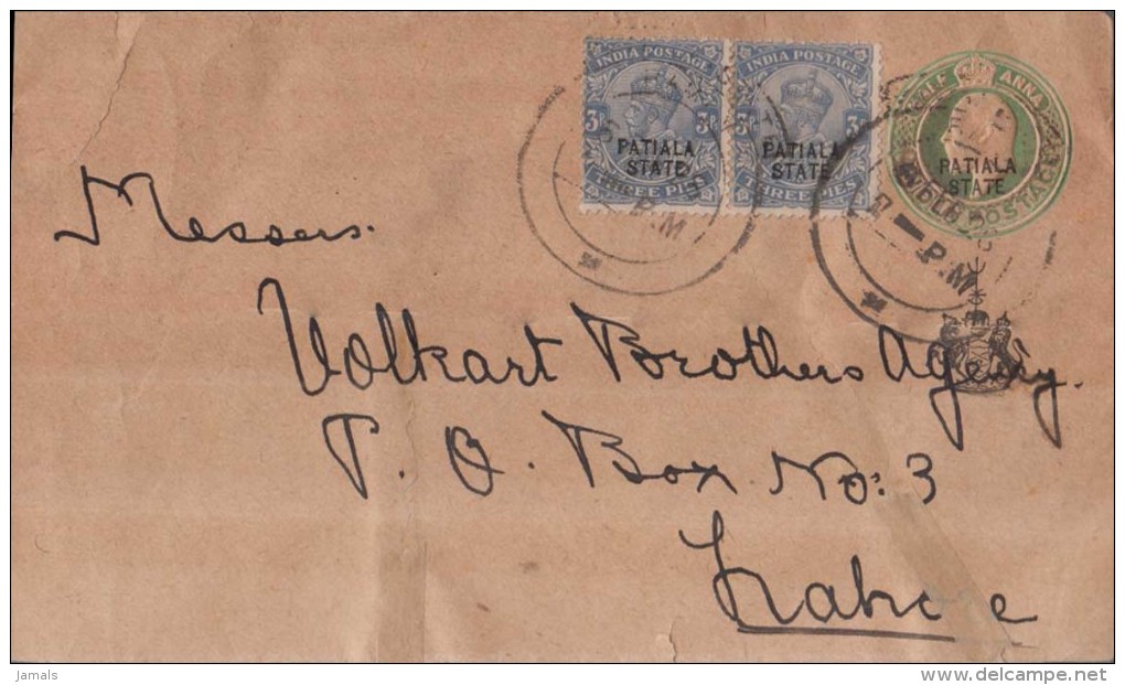 Br India King Edward, Long Size Postal Stationary Envelope, Princely State Patiala Overprint, Used, Inde Indien - 1902-11 King Edward VII