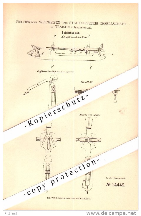 Original Patent - Stahlgiesserei Fischer In Traisen , Niederösterreich , 1880 , Schlittschuhe , Eiskunstlauf , Eislauf ! - Historische Dokumente