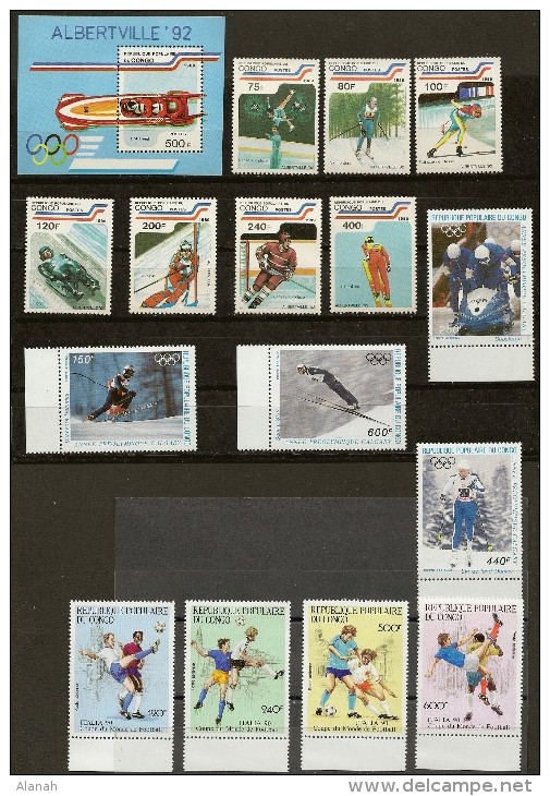 Lot 1 Bloc + 15 Timbres Sport Albertville Calgary Italia 90 Foot Ball République Du Congo - Neufs