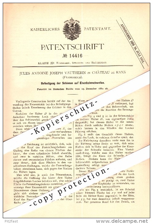 Original Patent -Jules A. Vautherin à Chateau De Rans , 1880 , Pièce Jointe Pour Voies Ferrées !!! - Other & Unclassified