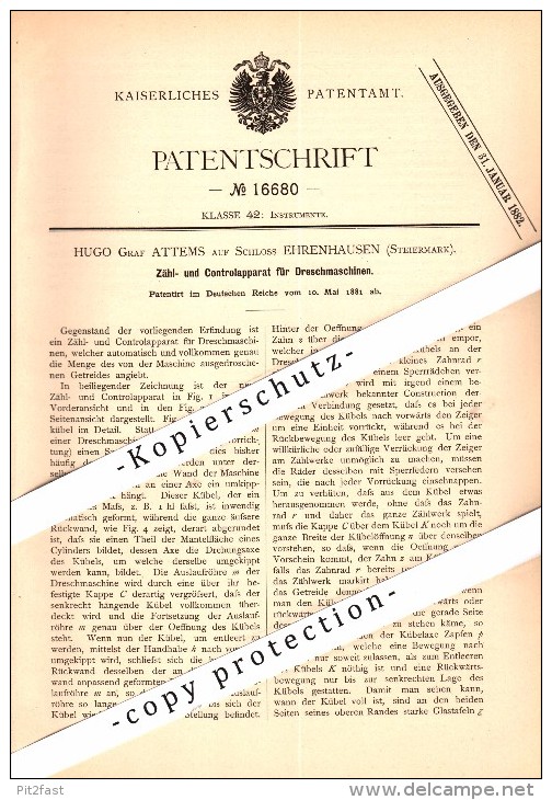 Original Patent - Hugo Graf Attems Auf Schloss Ehrenhausen , Steiermark , 1881 , Controlapparat Für Dreschmaschine , !!! - Ehrenhausen