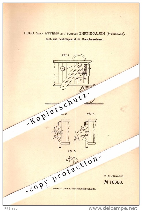 Original Patent - Hugo Graf Attems Auf Schloss Ehrenhausen , Steiermark , 1881 , Controlapparat Für Dreschmaschine , !!! - Ehrenhausen