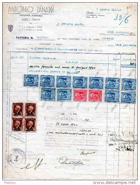 DARFO-BRESCIA-78-1944-DITTA ANTONIO ZANARDI-INDUSTRIE FORESTALI- 17 VALORI FISCALI -REPUBBLICA SOCIALE ITALIANA - Revenue Stamps