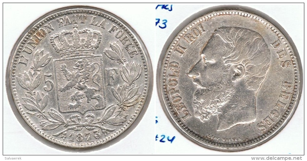 BELGICA 5 FRANCS 1873 PLATA SILVER G1 - 5 Francs
