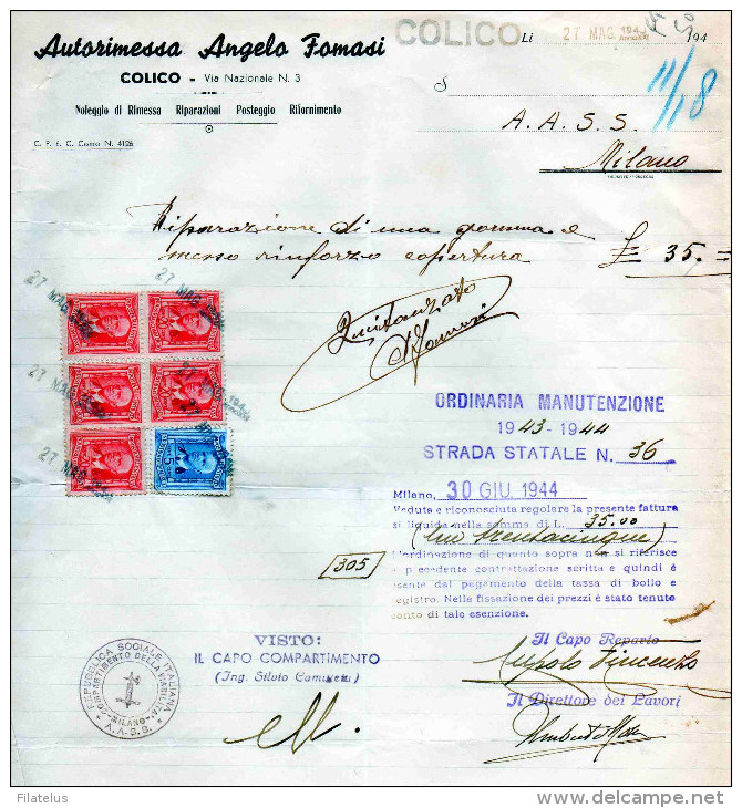 COLICO-LECCO-AUTORIMESSA  ANGELO FOMASI-TIMBRO DELLA REPUBBLICA SOCIALE ITALIANA-COMPARTIMENTO DELLA VIABILITA'-1944 - Revenue Stamps