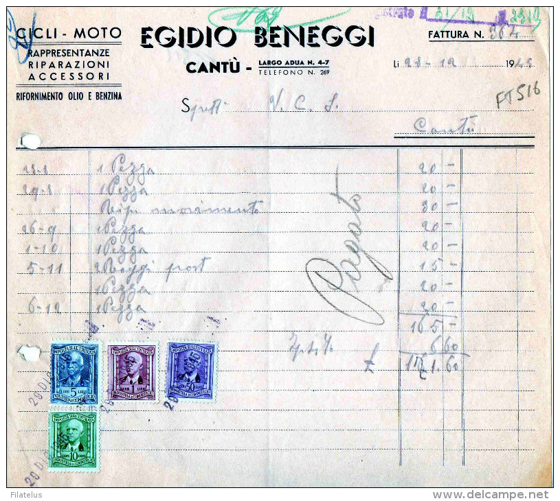 CANTU'-COMO-DITTA CICLI-MOTO-28-12-1945 -EGIDIO BENEGGI-VALORI  FISCALI-LUOGOTENENZA - Steuermarken