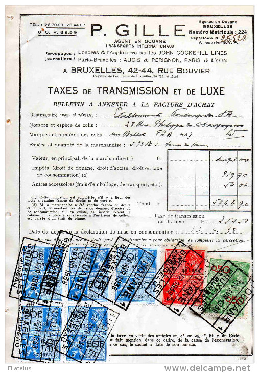 BRUXELLES-24-2-1938-P. GILLE-AGEN EN DOUANE-TAXES DE TRANSMISSION ET DE LUXE - Other & Unclassified