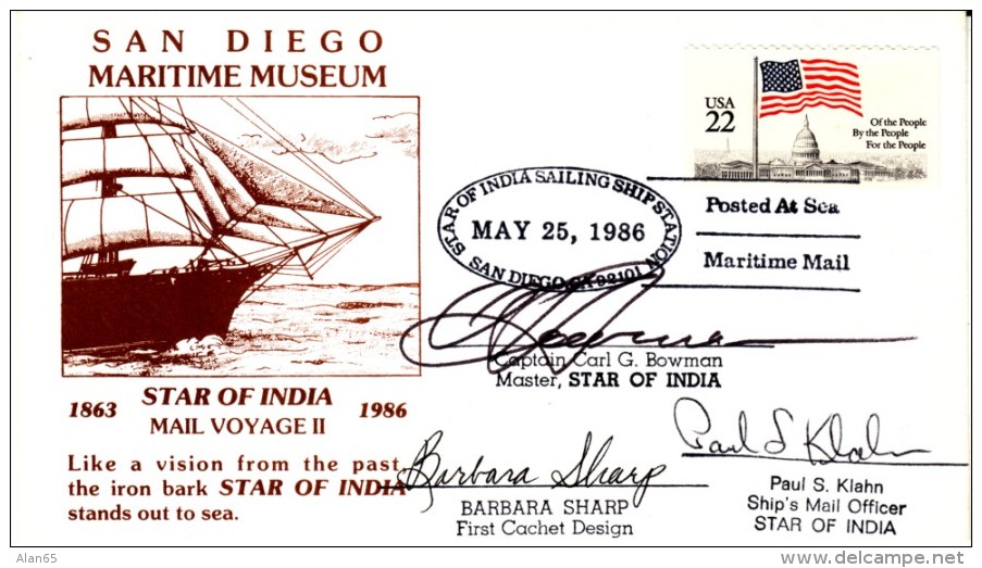 San Diego California Maritime Museum 1986 Cover, Star Of India Sailing Ship Station, Captain Signature - Event Covers