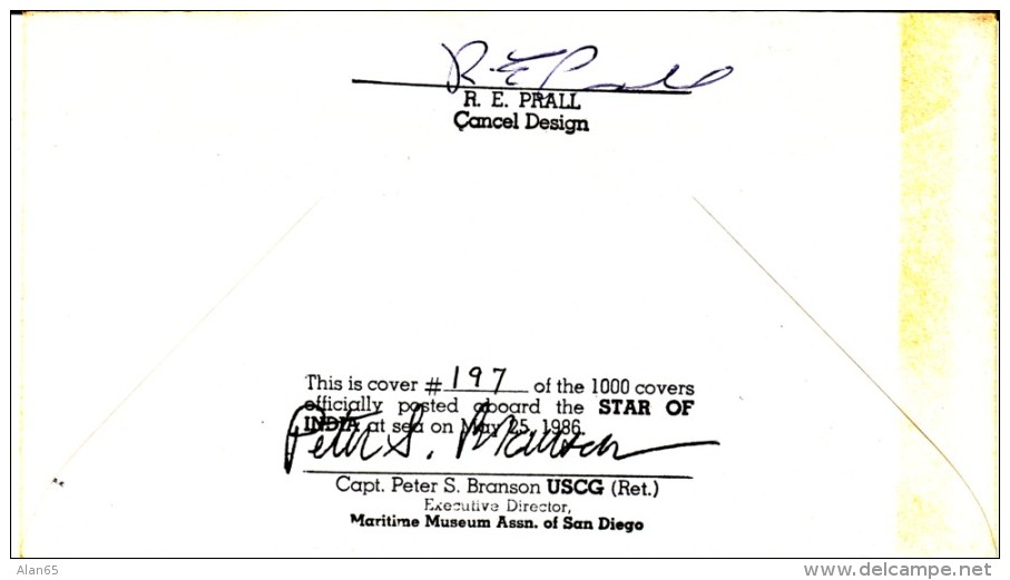 San Diego California Maritime Museum 1986 Cover, Star Of India Sailing Ship Station, Captain Signature - Event Covers