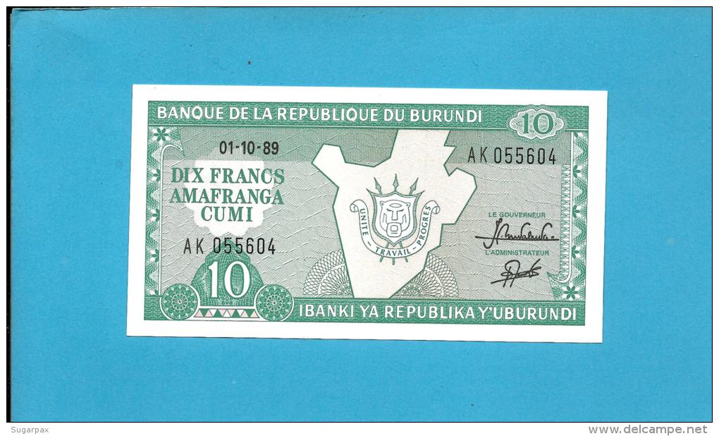 BURUNDI - 10 FRANCS - 01/10/1989 - Pick 33.b - UNC. - Série AK - Map And Arms - 2 Scans - Burundi