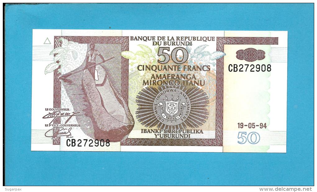 BURUNDI - 50 FRANCS - 19/05/1994 - Pick 36.a - UNC. - Série CB - Canoe / Hippopotamus - 2 Scans - Burundi