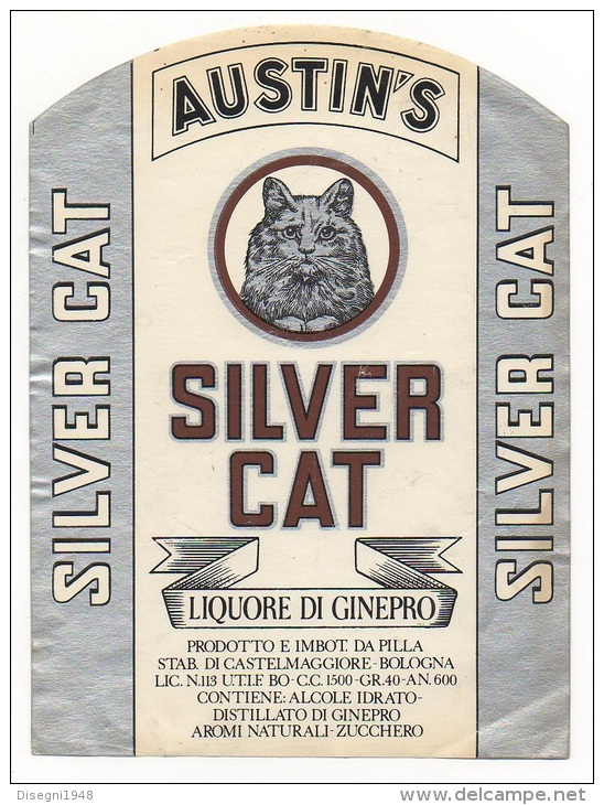 03620 "AUSTIN'S  SILVER CAT -LIQUORE DI GINEPRO  - PILLA - CASTELMAGGIORE (BO) ". ETICHETTA ORIGINALE. - Other & Unclassified