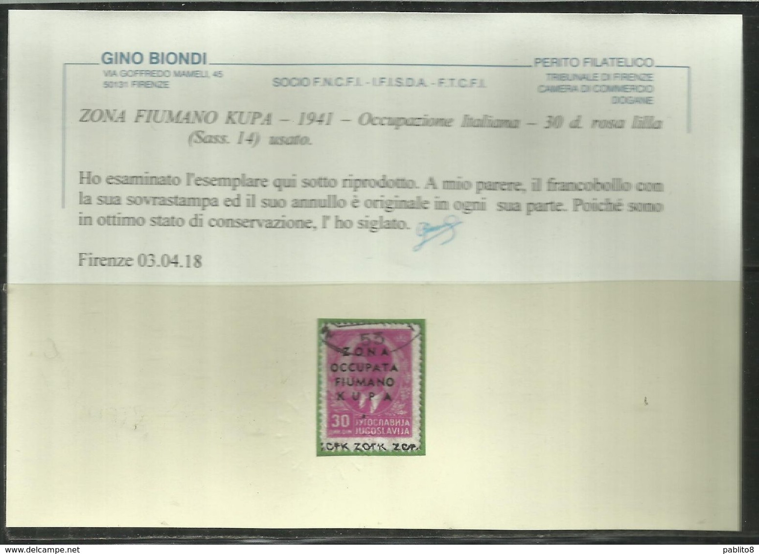 OFFERTA! OCCUPAZIONE ITALIANA: ZONA FIUMANO KUPA 1941 SOPRASTAMPATO OVERPRINTED 30d USATO USED OBLITERE' - Fiume & Kupa