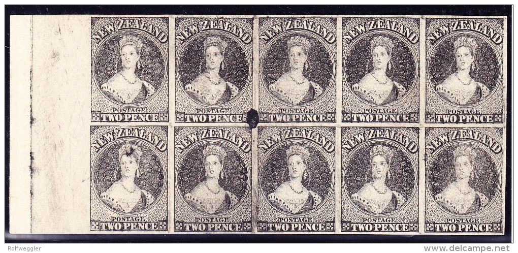 1855/84 NEW ZEALAND Chalon Head Engraved Reprint Proof Block Of 10 In Black On Thick Card Paper. - Variétés Et Curiosités