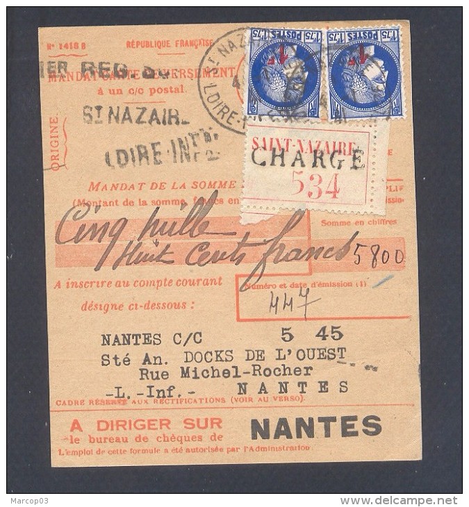 Mandat De Versement à CCP Affranchi à 2 Frs (tarif Du 01/12/1939)  2 X 1fr Sur 1,75 Fr Céres 5800 Frs CHARGE Rare  TTB - 1921-1960: Modern Period