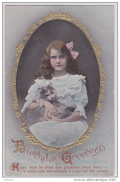 Birthday Greetings - Child Girl With Long Hair And Cat - Fille Aux Cheveux Longs Et Chat Portrait Wildt And Kray London - Katzen