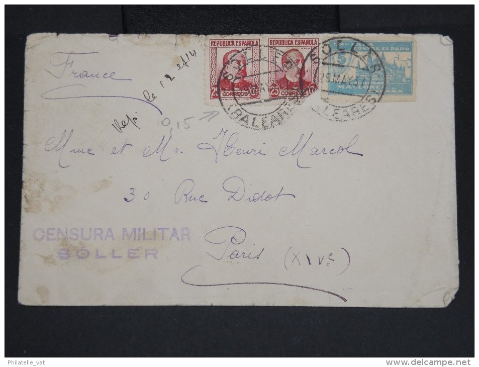 ESPAGNE-Enveloppe De Soller Pour Paris En 1937 Avec Censure à Voir  P7218 - Marcas De Censura Republicana